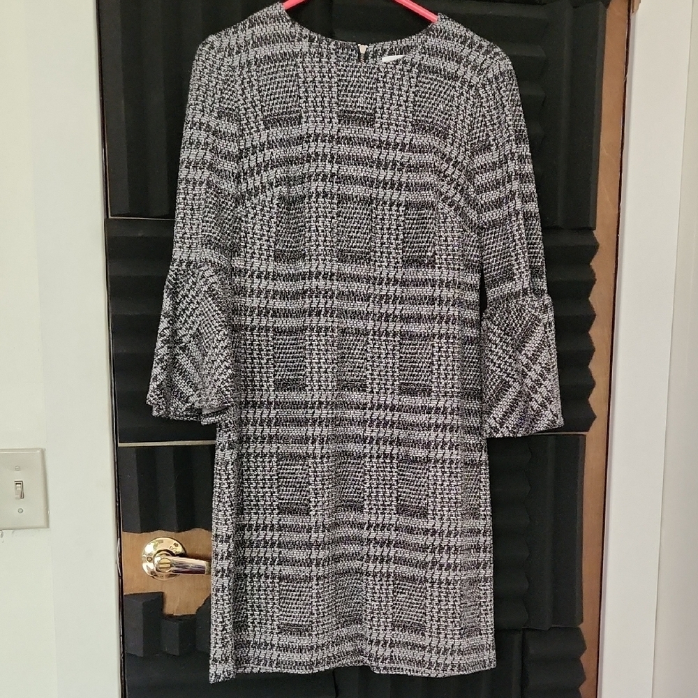 Calvin Klein Black and White Sheath Dress with Bell Sleeves